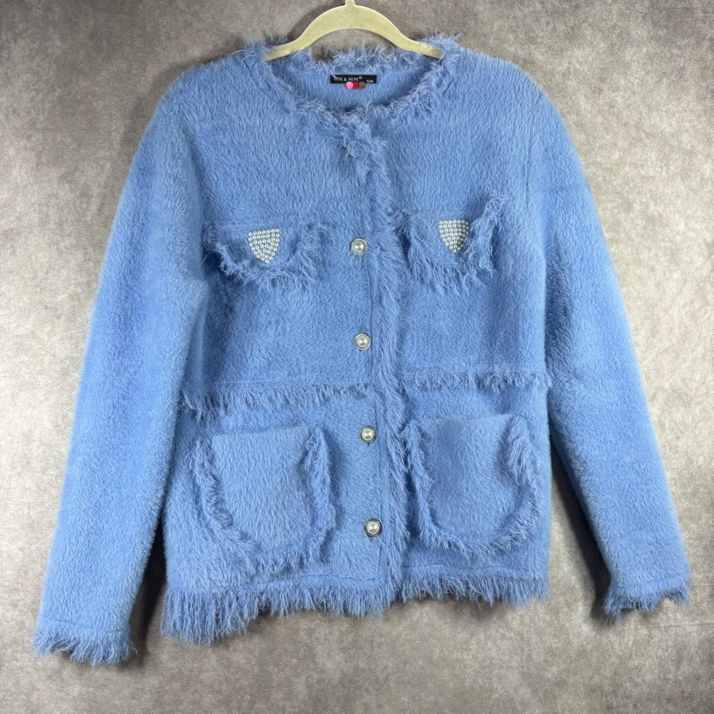 Lois & Pepe Cardigan Womens S/M Blue Eyelash Knit Pearl Button Fringe Art Chic